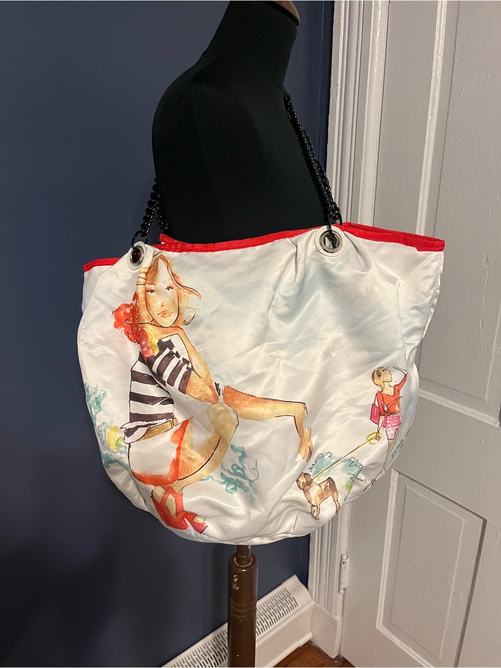 NWOT Parisian Water Color Satin Tote Bag With Chain Handles